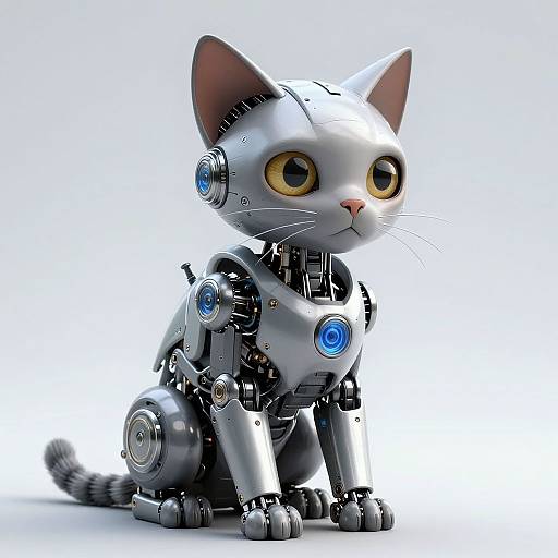 CGI image of a cute, robotic white cat with large yellow eyes, blue glowing joints, and metallic limbs, sitting against a plain white background.