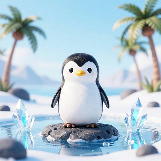 Cute Alien Penguin on Glowing Ice Lagoon