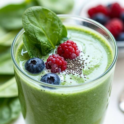 Photograph of a green smoothie in a glass, topped with a fresh spinach leaf, red raspberries, blueberries, and chia seeds.