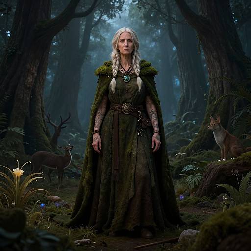 Digital fantasy artwork of a white-haired woman in a mossy green cloak, standing in a dark, mystical forest with deer and fox.
