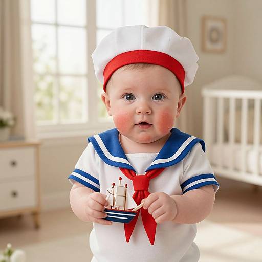 Photograph of a chubby, fair-skinned baby with rosy cheeks, wearing a white sailor outfit with blue trim, red neckerchief, and