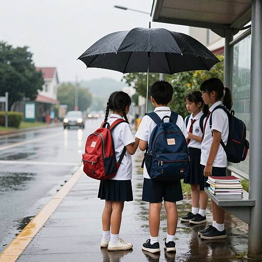 Rainy School Day Under Umbrella