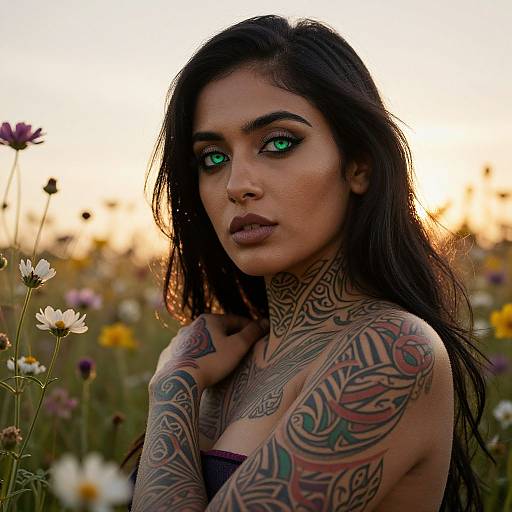 Photograph of a tattooed woman with long black hair, green eyes, and dark lipstick, standing in a field of wildflowers at sunset.
