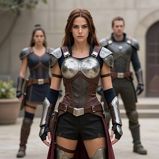 Photograph of a brunette woman in medieval armor with silver breastplate, black shorts, and arm guards, flanked by two similarly armored men in a