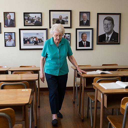Photograph of elderly woman with short white hair in teal shirt and black pants, standing in classroom with framed black-and-white portraits on walls, wooden desks