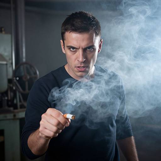 Photograph of a focused, dark-haired man in a black shirt, smoking a cigarette, with blue smoke swirling around him, in a dimly lit