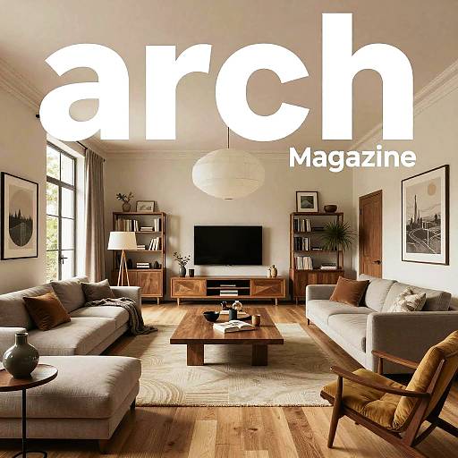 Photograph of a modern living room with gray sofas, wooden coffee table, large white 