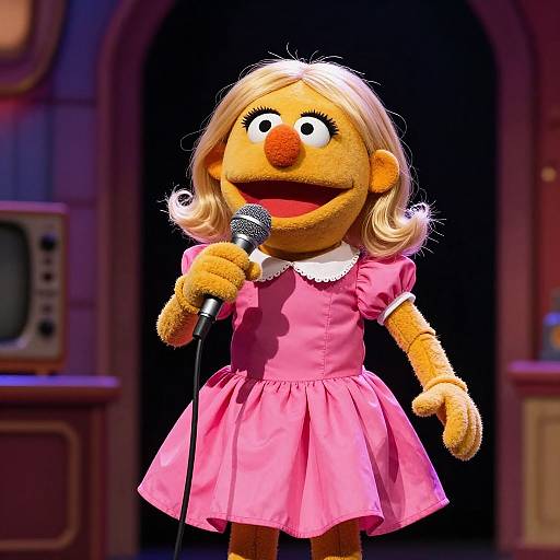 Photograph of a colorful, puppet-style character with blonde hair, wearing a pink dress, holding a microphone, singing on stage.