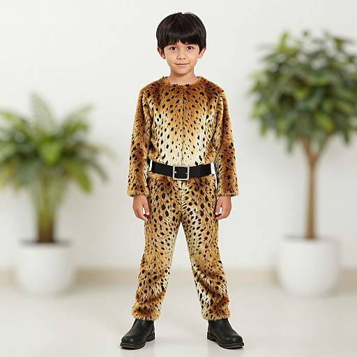 Photograph of a young boy with short black hair, wearing a leopard-print onesie, black belt, and shoes, standing in front of blurred green