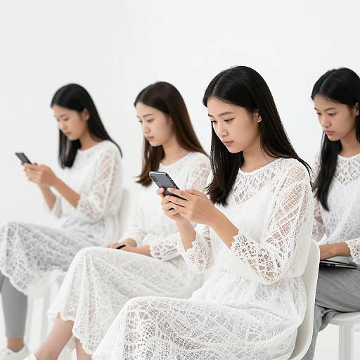 Photograph of four Asian women with long black hair, wearing white lace dresses, sitting in a row, intently looking at smartphones. Bright, white