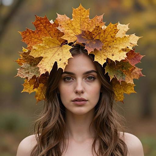 Photograph of a young woman with long brown hair, wearing a crown of autumn leaves, standing in a blurred, autumnal forest.