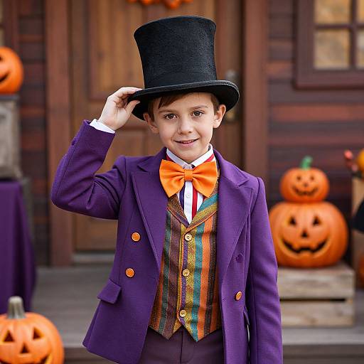 Young boy in Victorian-style purple suit, orange bowtie, and black top hat, smiling in front of wooden door with carved pumpkins.
