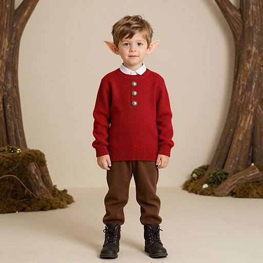 Photograph of a young boy with elf ears, wearing a red sweater, brown pants, black boots, and a white shirt, standing in a whims