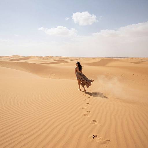 Photograph of a lone woman with long dark hair, wearing a flowing dress, standing in a vast, sunlit desert with footprints, beneath a