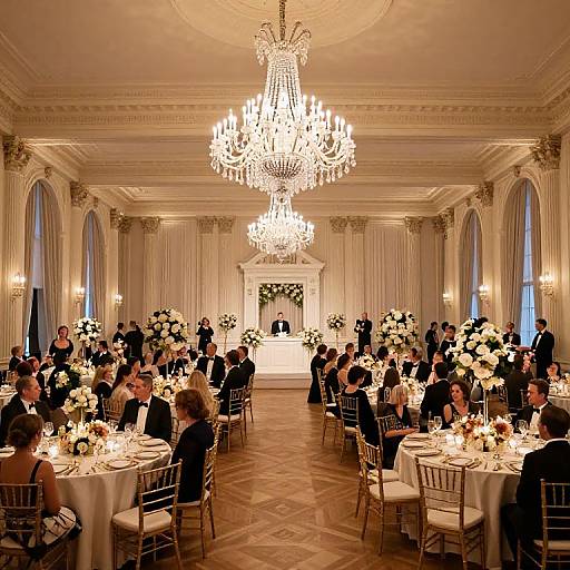 Photograph of an elegant ballroom with chandeliers, white drapes, and floral centerpieces, hosting a formal dinner event with guests in black