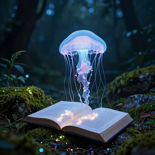 Photograph of a glowing blue jellyfish hovering above an open book with illuminated pages, set in a dark, mossy forest.