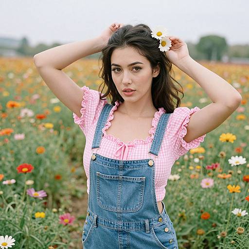 Photograph of a young woman with fair skin, dark hair, wearing a pink gingham top and blue denim overalls, holding a daisy in