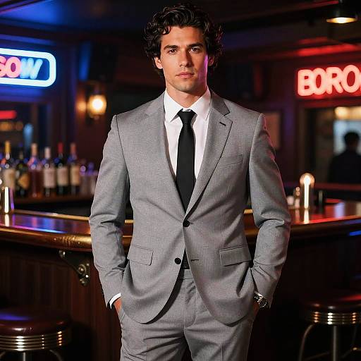 Photograph of a handsome man with curly dark hair, wearing a light gray suit, white shirt, and black tie, standing confidently at a dimly