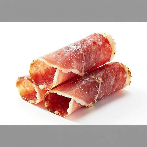 Photograph of two rolled, marbled red and white salamis with visible fat and small white specks on a white background.