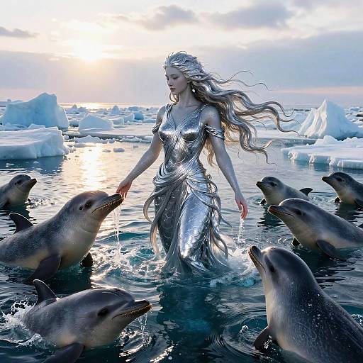 Photorealistic digital artwork of a silver-haired mermaid in a shimmering dress, surrounded by dolphins in an icy, iceberg-filled ocean at