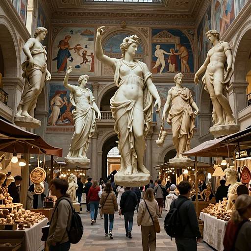 Photograph of a bustling indoor market with classical marble statues of nude figures flanking the aisle, surrounded by shoppers and vendors.