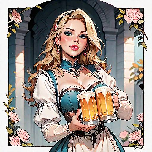 Digital art of a blonde woman with wavy hair in a blue and white Bavarian dirndl, holding two foamy beer mugs, set against