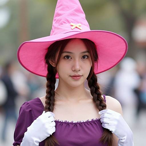 Photograph of an Asian woman with braided brown hair, wearing a pink witch hat, white gloves, and a purple dress, standing outdoors with a