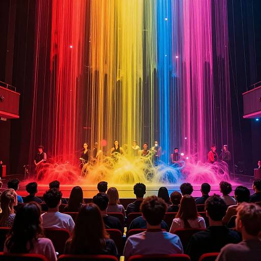 Photograph of a colorful light show with vibrant red, yellow, blue, and pink vertical beams illuminating a stage where musicians perform, viewed by an