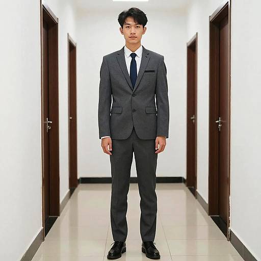 Man in Gray Suit Standing in Hallway