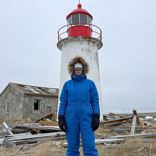 Woman in Blue Winter Suit by Lighthouse