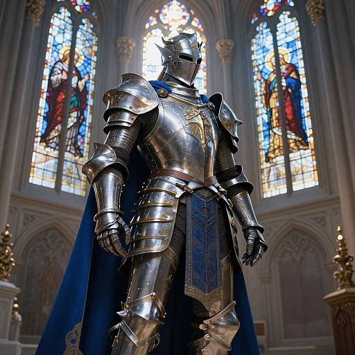 Photograph of a knight in shiny silver armor with a blue cape, standing in a Gothic cathedral with colorful stained glass windows.
