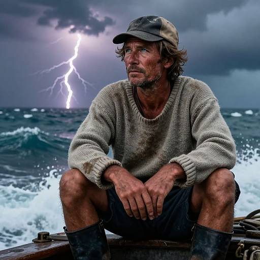 Photograph: Weathered man in dirty beige sweater and cap, sitting on wooden boat, with stormy ocean and lightning in background.