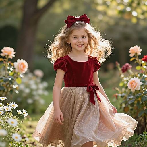 Photograph of a smiling young girl with blonde hair, wearing a red velvet top, gold lace skirt, and matching red bow, standing in a sun