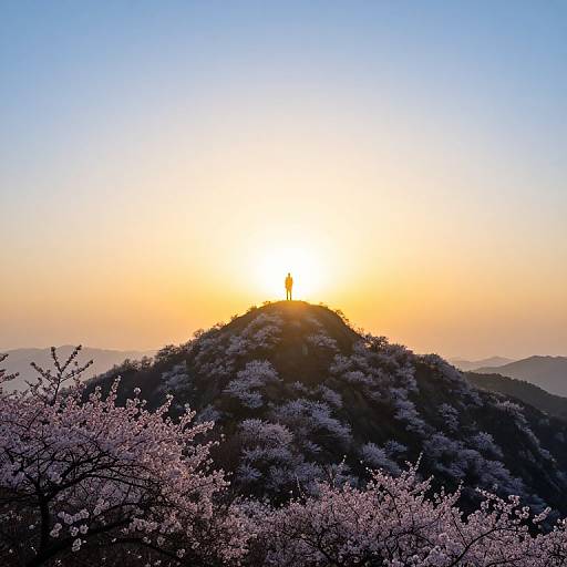 Photograph of a sunlit hilltop with a silhouetted figure standing at the peak, surrounded by frost-covered trees against a gradient blue to