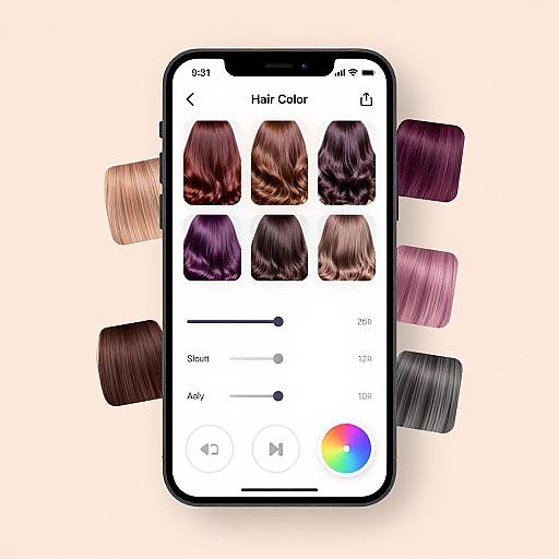 Photograph of a smartphone displaying a hair color app, surrounded by six hair swatches in shades of brown, red, and purple.