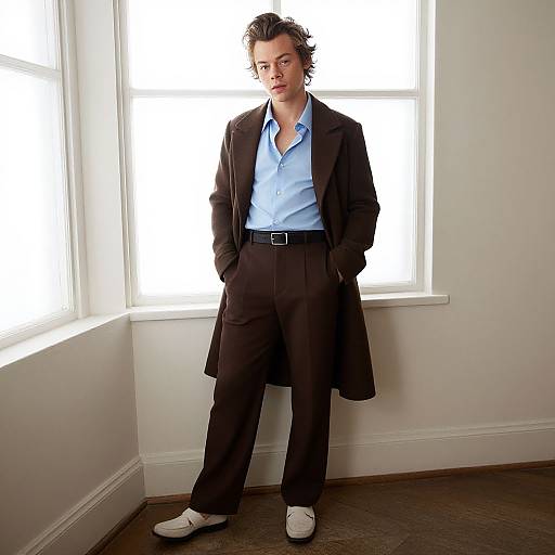 Photograph of a young man with wavy brown hair, wearing a black coat, light blue shirt, black trousers, and white sneakers, standing in