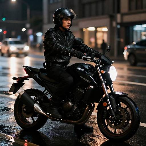 Matte Black Motorcycle Courier at Rain-Slick Intersection