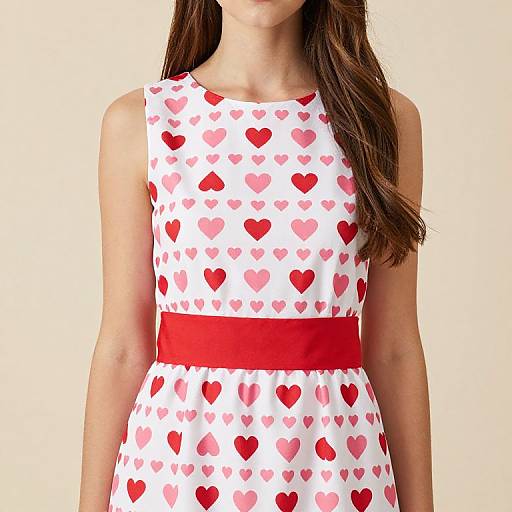 Photograph of a woman wearing a sleeveless white dress with red and pink heart patterns, accented by a wide red waistband. Background is plain