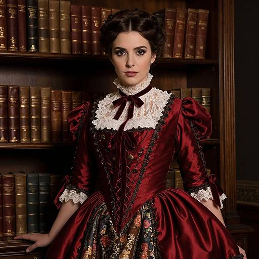 Photograph of a pale-skinned woman with dark hair in an 18th-century Victorian red dress with lace collar and floral skirt, standing in front