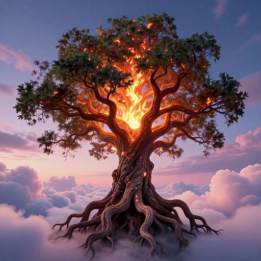 Digital artwork of a fiery, glowing tree with twisted roots emerging from fluffy clouds against a vibrant purple and pink sunset sky.