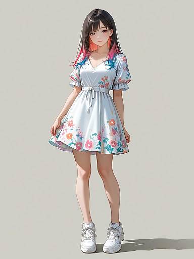 Young Woman in Casual Floral Dress and Sneakers