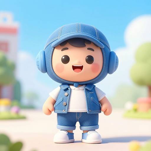 Chibi-style digital artwork of a cute, smiling boy with a blue denim hoodie, vest, and headphones, standing outdoors on a sunny day.