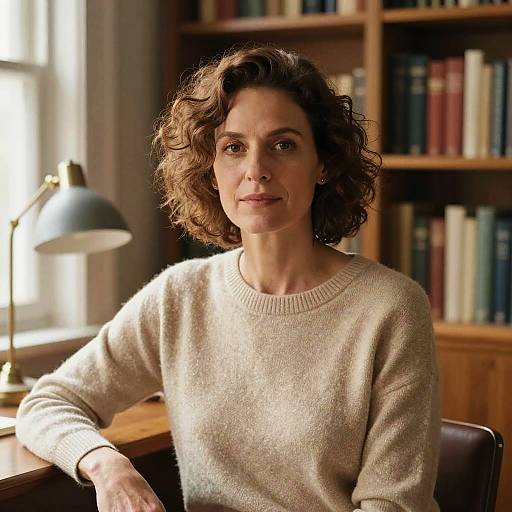 Photograph of a middle-aged woman with curly brown hair, wearing a cream sweater, sitting in a warmly lit library with bookshelves and a desk