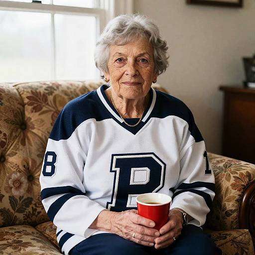 Elderly Woman in Sporty Attire at Home