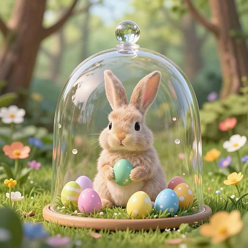 Photorealistic CGI of a fluffy, light brown bunny under a glass dome, holding a pastel egg, surrounded by colorful Easter eggs and vibrant flowers
