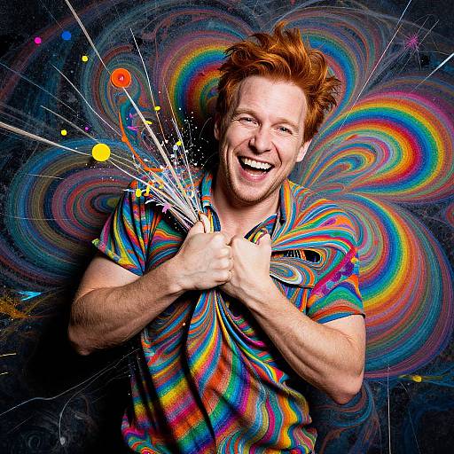Photograph of a smiling red-haired man in a vibrant, rainbow swirl shirt, holding colorful paint splatters against a psychedelic, spiraled background.