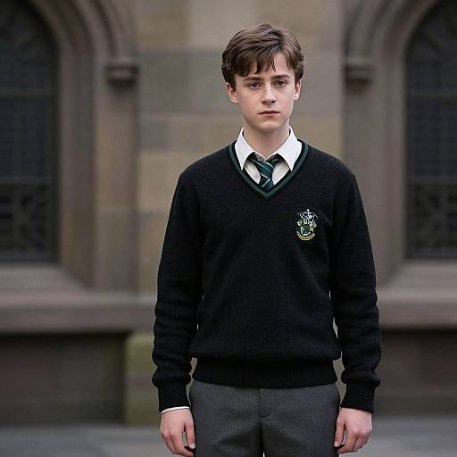 Photograph of a young, white male with brown hair, wearing a black sweater with a school emblem, white shirt, and gray pants, standing in