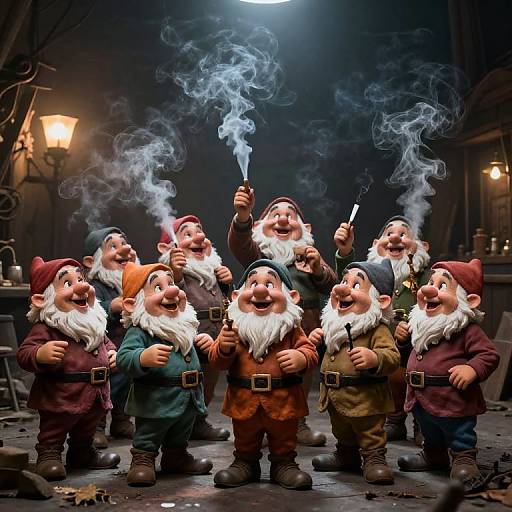 Photograph of cheerful, cartoonish gnomes with white beards, red hats, and colorful clothes, smoking pipes, under a moonlit,