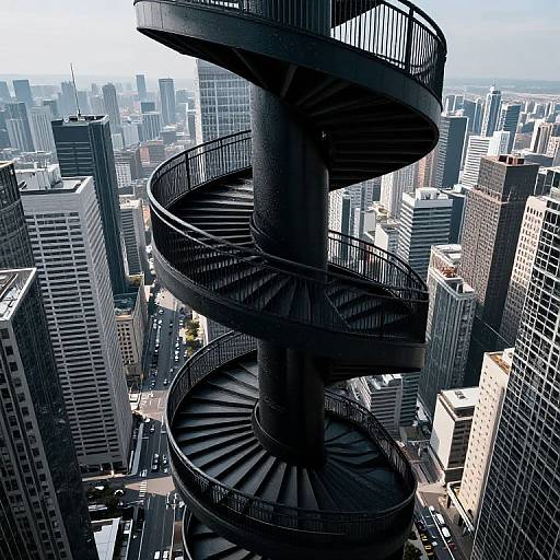 Photograph of a black, spiral fire escape staircase towering over a dense, sunlit urban skyline with high-rise buildings in the background.