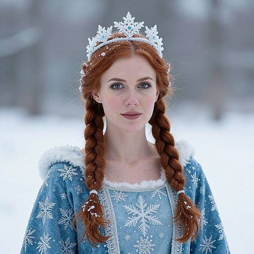 Photograph of a fair-skinned woman with red braided hair, wearing a silver snowflake tiara and blue, snowflake-patterned dress,